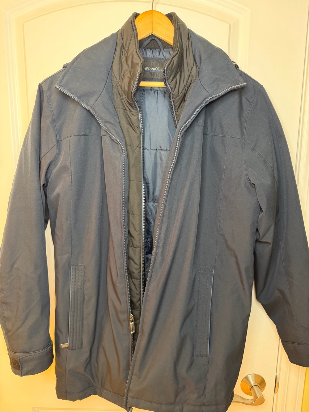 Weatherproof Men's Navy Blue Raincoat w/Inner Zip Layer detachable hood, size L